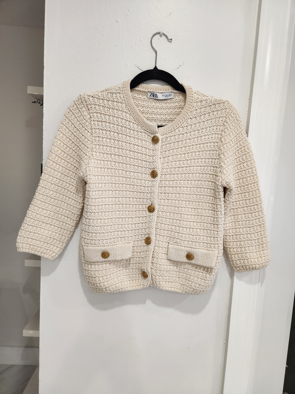 Zara Cream Crochet Knit Button-Front Sweater